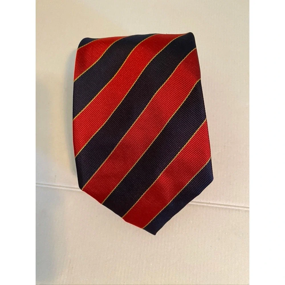 Lands End Mens Long Silk Tie Navy Blue Red Gold Regimental Stripe Handsewn USA